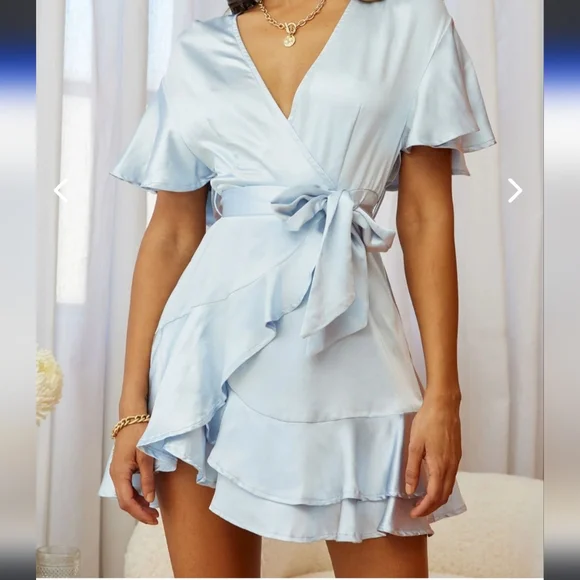 SOLD Selfie Leslie CAMI ANGEL SLEEVE FAUX WRAP DRESS STEEL BLUE - Picture 11 of 16